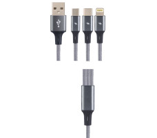 Кабель PERFEO USB2,0 A вилка-3в1 Micro+ ype C+8 PIN вилка серый 1,2 м